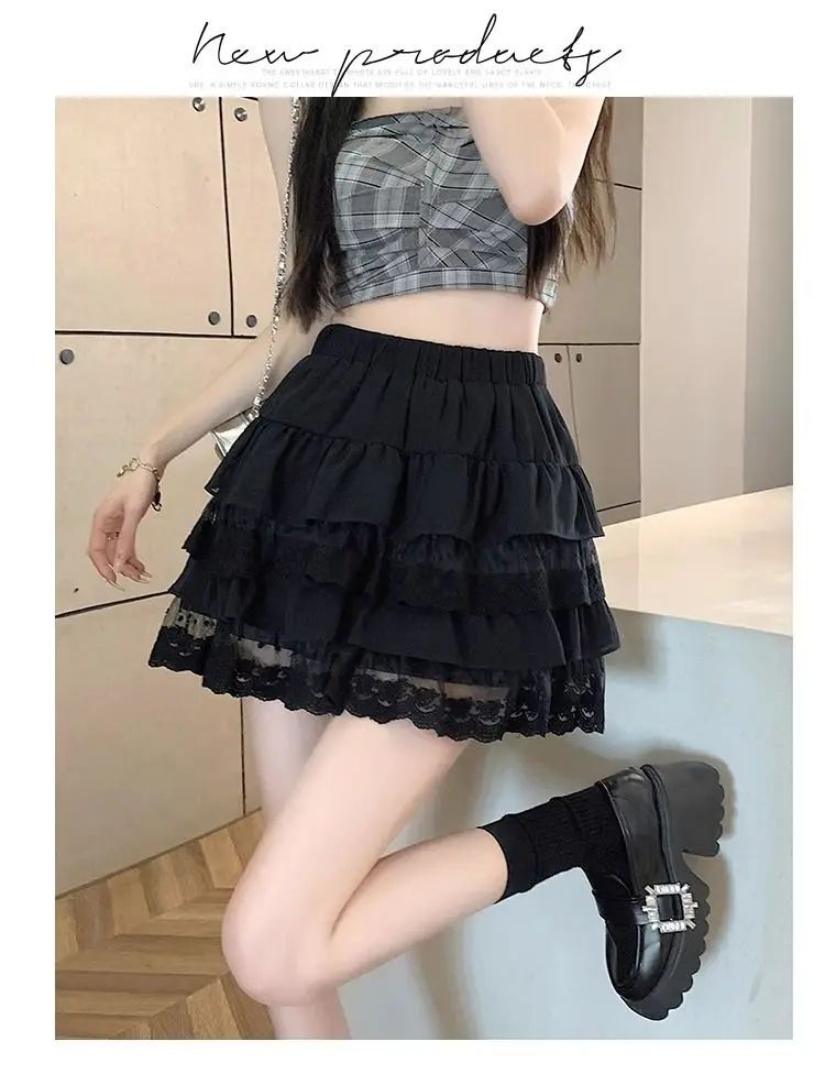 JOEVILU White Tutu Skirt A-line Elastic High Waist Mini Skirts Short Lace Cake Skirt Thin Summer Korean Fashion Goth Y2k Clothes