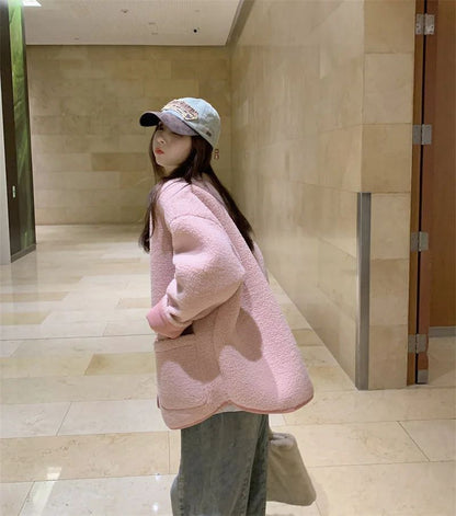 2024 Winter New Women's Lamb Wool Jacket Petite Loose-Fit Thickened Integrated Deer Skin Fleece Medium-Length Korean Style