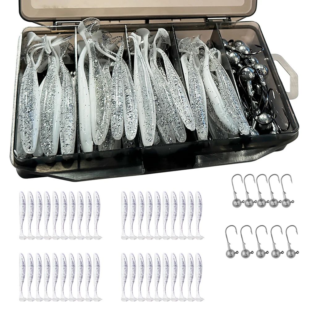 50 unidades/Caixa Isca Artificial Jig de Metal 5.5cm 7cm 10cm Isca Macia 3g 5g 7g 10g 14g Anzol Jigging Head Caixa de Pesca Pesca Swimbait Kit Isca de Fundo