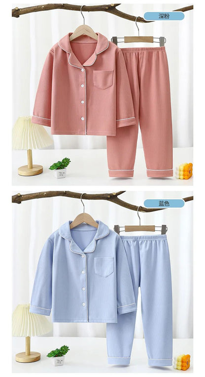 New 2025 Boys Girls Autumn Cotton Pajamas Home Wear Kids Casual Solid Long Sleeve Lapel Pyjamas Teen Sleepwear Clothing Sets