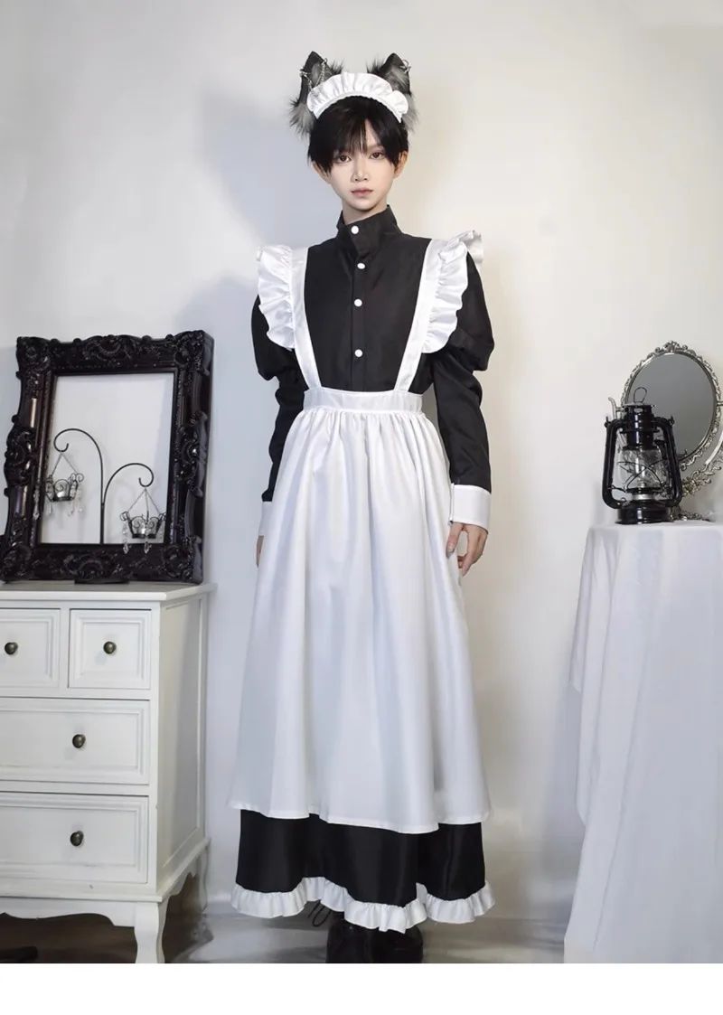 Japanese Style Maid Outfit Black White Long Dress Lolita Unisex Men Women Halloween Costume Uniform Full Set Adults Plus Size