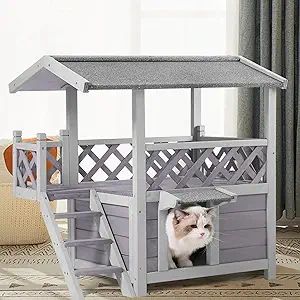 Abrigo para Gatos Impermeável para Ambientes Externos e Internos, Casa de Madeira de Dois Níveis com Escadas, Refúgio Impermeável para Gatinhos Selvagens