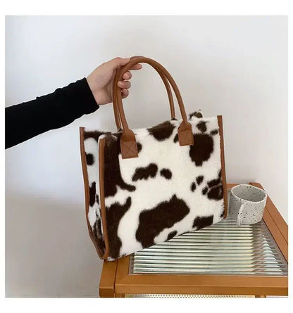 New Women Soft Plush Hand Bag New Winter Leopard Cow Print Tote Bags Female Pu Leather Underarm Bags Furry Fluffy Shoulder Bag