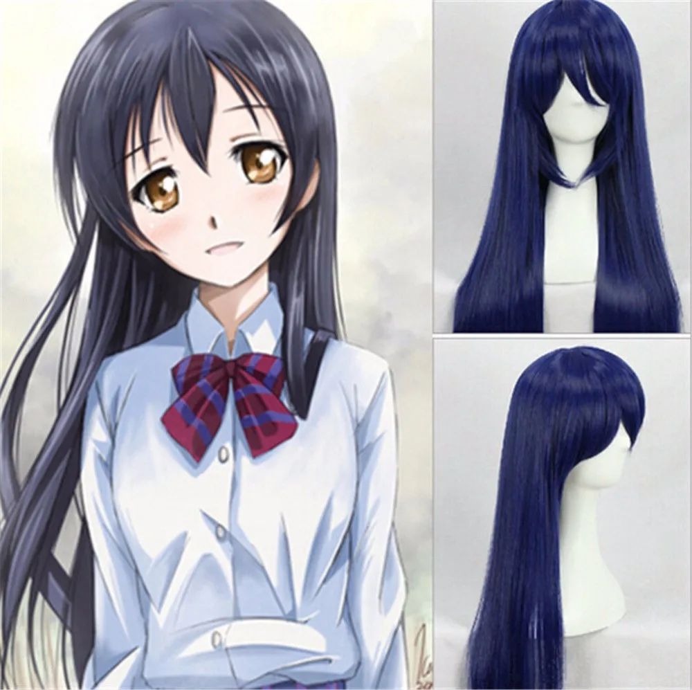 Anime Love Live! Umi Sonoda Cosplay Peruca Sonoda Umi 80cm Longa Azul Preto Perucas Cabelo Sintético Resistente ao Calor Perucas Cosplay