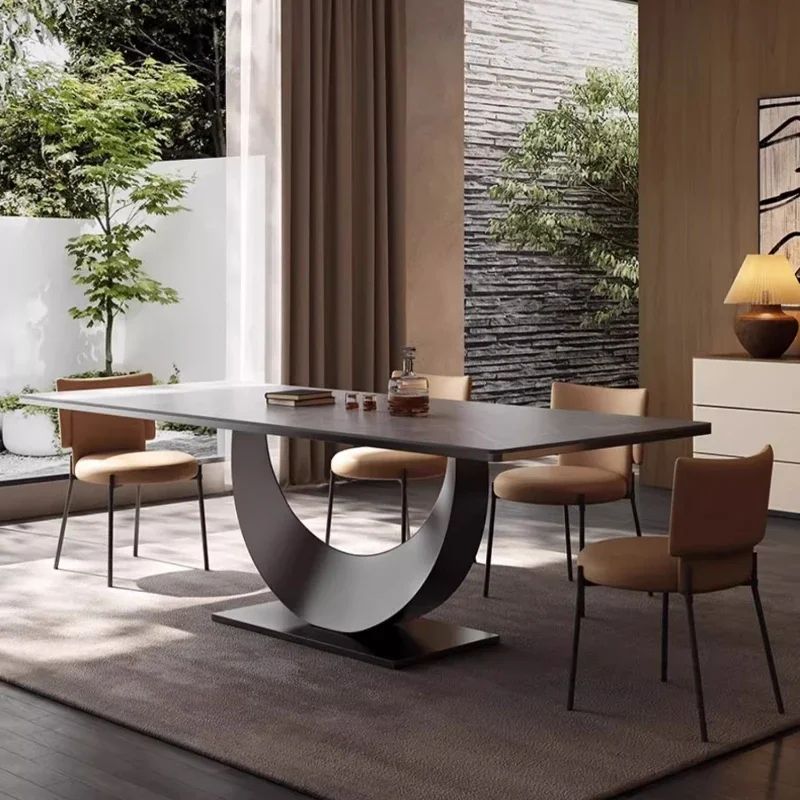 Modern Rectangle Minimalist Rock Slab Restaurant Dining Table And Chairs Stainless Steel Frame Leather Dining Chair Italian