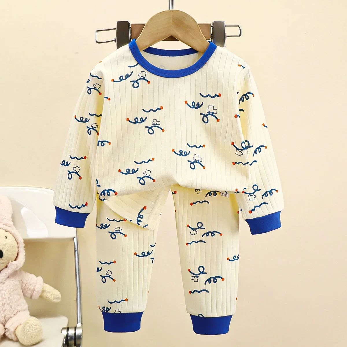 Kids Boys Girls Pure Cotton Warm Pajamas Cute Cartoon Long Sleeve T-Shirt + Pants Toddler Baby Autumn Underwear Clothing Sets