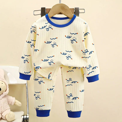 Kids Boys Girls Pure Cotton Warm Pajamas Cute Cartoon Long Sleeve T-Shirt + Pants Toddler Baby Autumn Underwear Clothing Sets