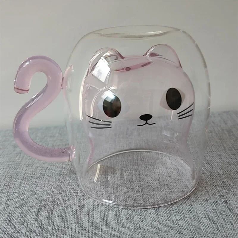 Copo de Vidro de Parede Dupla Gato Criativo 250ml com Alça Copo de Café Fofo Caneca Resistente ao Calor Utensílio de Cozinha para Escritório