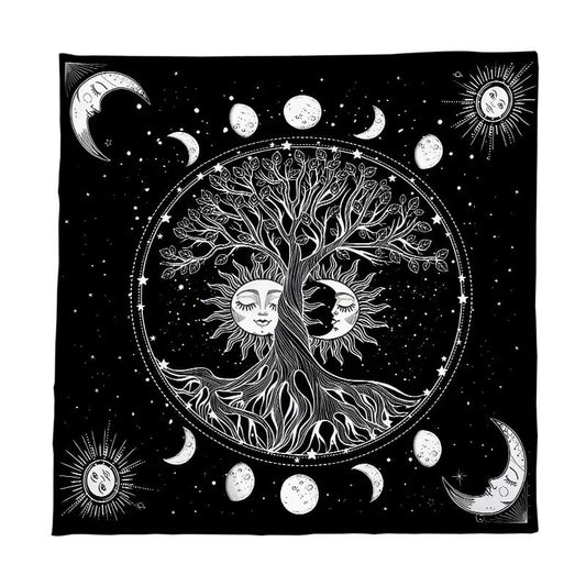 Black Sun Moon Life Tree Tarot Tablecloth Altar Cloth Astrology Oracle Table Mat Home Room Decoraction Witchy Cottagecore Decor