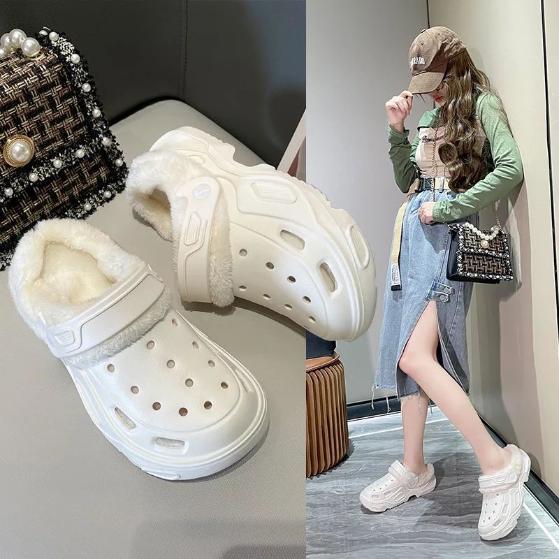 Plush slippers 2025 new winter men's and women's thick high heels soft-soled beach garden shoes home plush ripped slippers