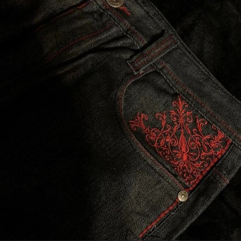 High Street Gothic Embroidered Men Black Red Pattern Y2K High Waist Jeans American Retro Street Couple Casual Pants