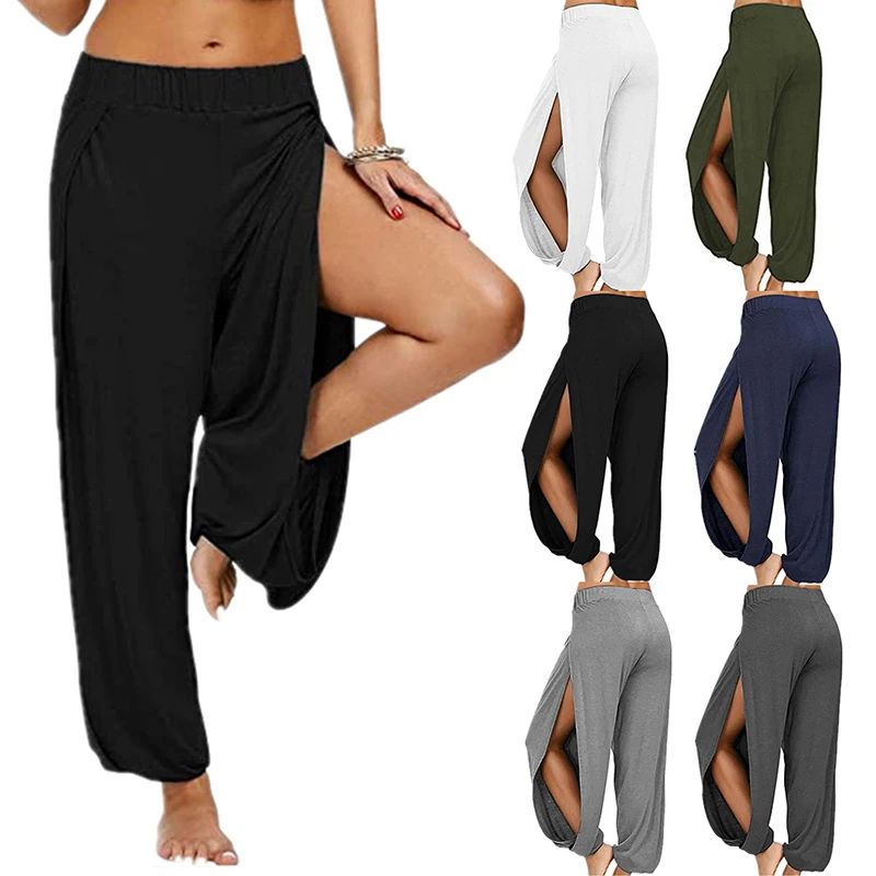 Summer High Slit Haren Pants for Women Sports Yoga Pants Solid Loose Hippie Harem Wide Leg Pants Trousers
