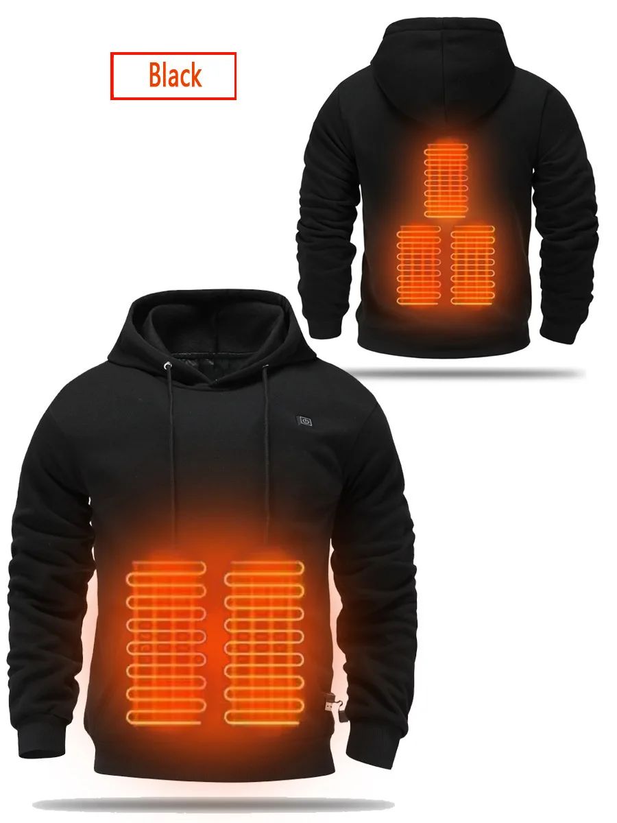 Cross-Border Men's USB Heated Fleece-Lined Sweatshirt Warm Outdoor Casual Clothing Electric Heating Hooded Sweatshirt