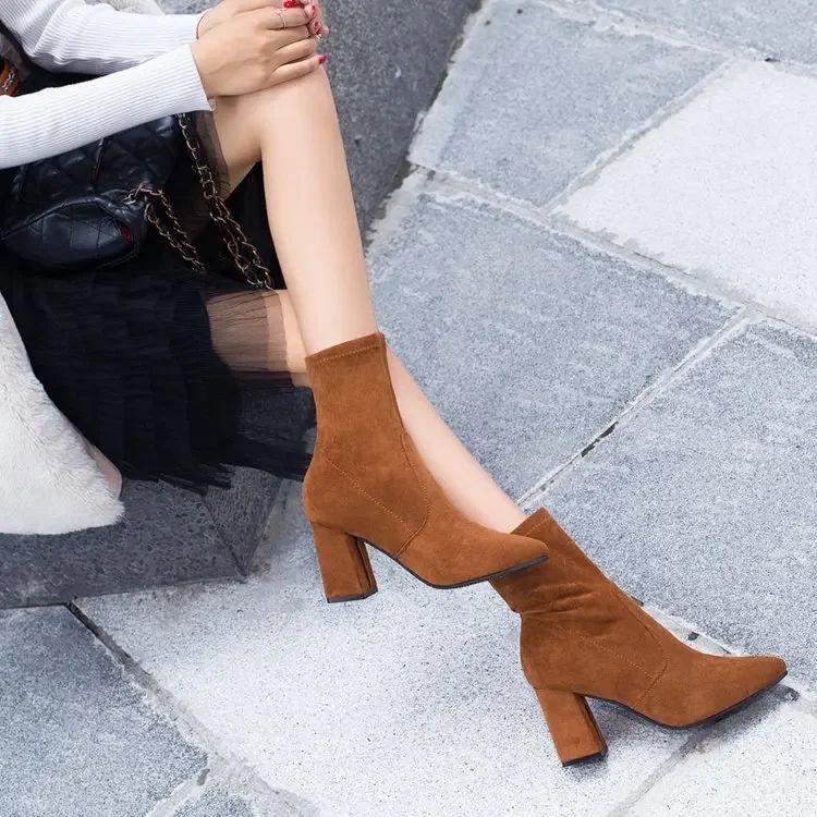 Thick Heel Women Short Boots Fashion Slimming Ankle Booties classic Style Autumn Winter Female Pointed Toe Women Boots D64