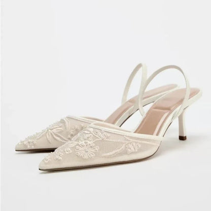 Sapatos de Grife Femininos Brancos para Casamento com Salto Alto, Tela Bordada com Flores, Tira Traseira e Salto Fino, Sensual, para Mulheres