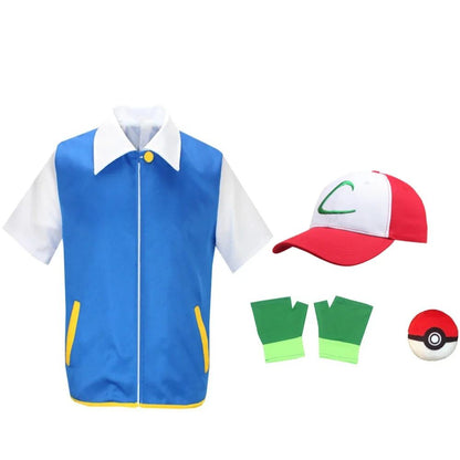 Men Anime Trainer Cosplay Costume Boys Ash Ketchum Adult for Girls Halloween Women Disfraz Party Blue Jacket Cap and Gloves Sets
