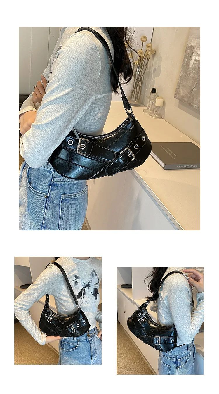 Red Vintage Shoulder Bag Y2K Belt Design PU Leather Underarm Bags for Women Trend Hot Cool Girl Crossbody Bag Punk Style Handbag