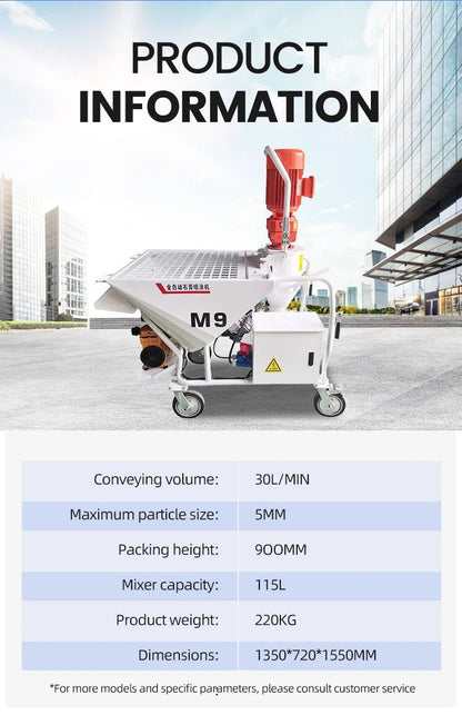 High Capacity Mortar Spraying Machine Electric for Large Area Wall Plaster Cement Efficient Rendering Pump