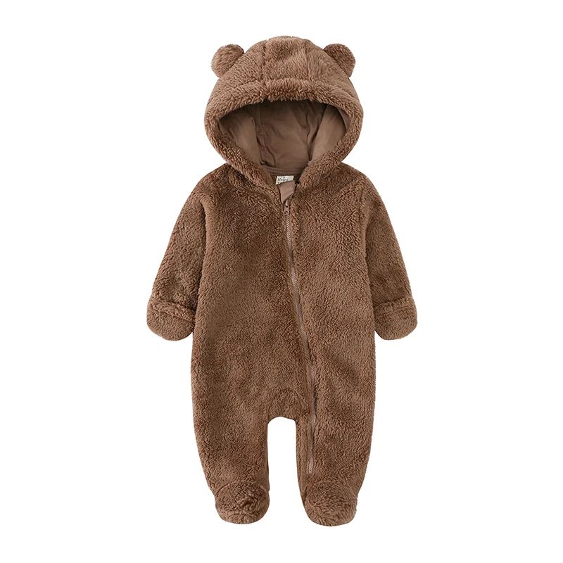 0-24M Baby Rompers Infant Clothes Winter Newborn Baby Boy Girl Zipper Bodysuit Bear Fleece Hooded Pyjamas
