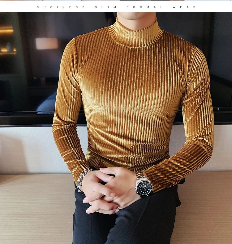 New Gold Velvet T Shirt Men Clothing Fashion Trend Male Luxury Prom Party Long-sleeved Striped Pullover Tops Homme