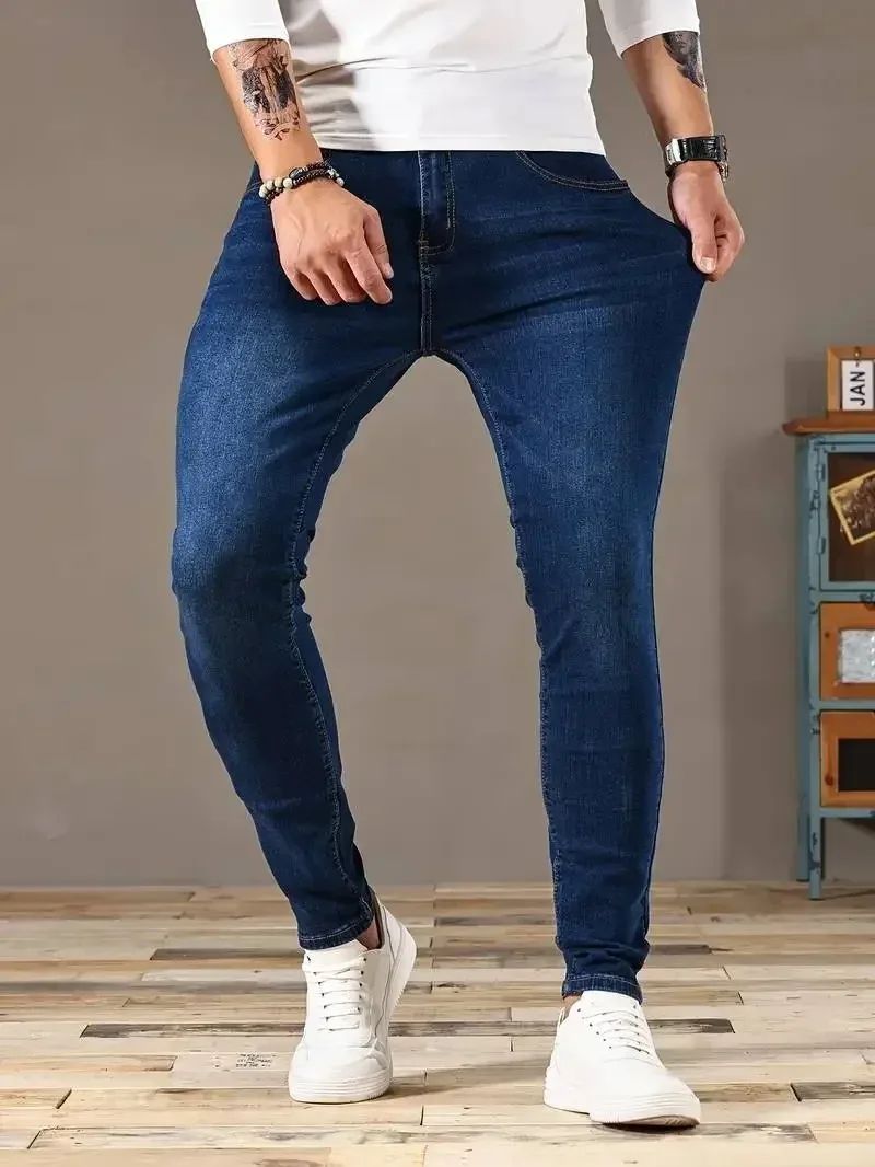 Calça Jeans Masculina Skinny Stretch Cores Sólidas Preto Azul Primavera Luxo Rua Harajuku Hip-Hop Calças Justas Marca