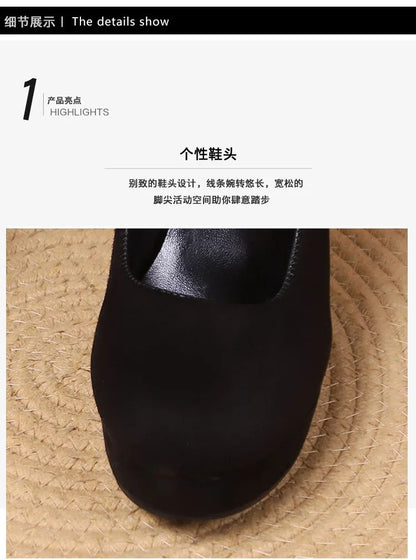 Large Size 42 Sexy Super High Heels Shoes for Women Ankle Buckle Chunky Platform Pumps Woman Black Flock Square Heel Party Shoes