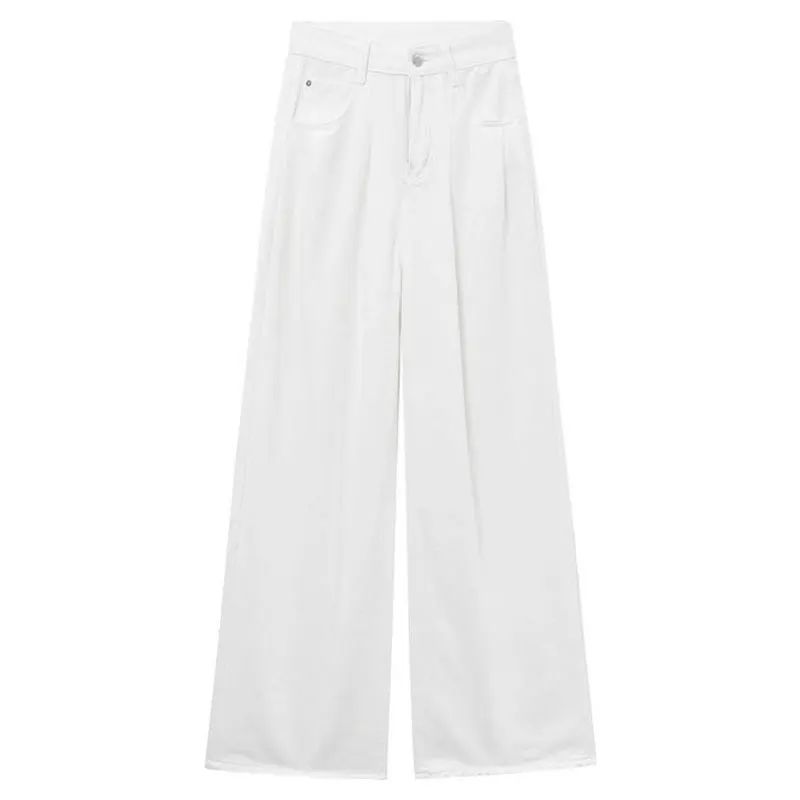 White Wide Leg Jeans High Waist Casual Loose Women's Denim Pants Folded Design Versatile plus Size Floor-Length Trousers