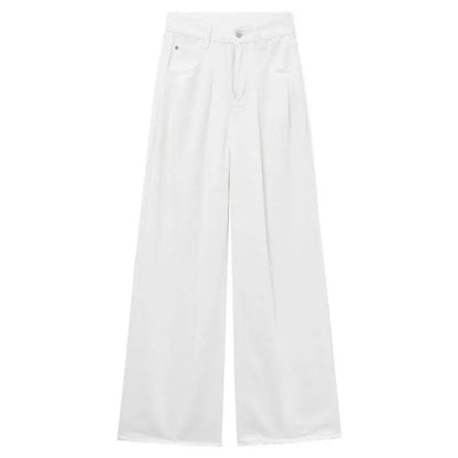 White Wide Leg Jeans High Waist Casual Loose Women's Denim Pants Folded Design Versatile plus Size Floor-Length Trousers
