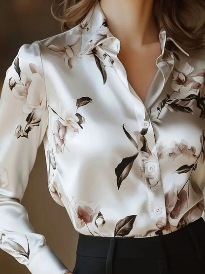 Elegant Intellectual Women's Satin Floral Print Shirt | Soft & Smooth V-Neck Long-Sleeve Button Formal Top for Spring