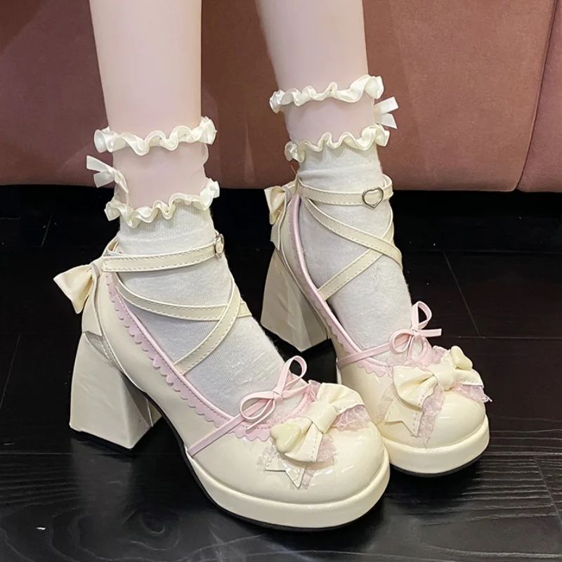 Spring/Autumn New Style Round Toe Square Heel Increased Fashion Elegant High Heel Women's Shoes Bow Decorated Mary Jane Shoes