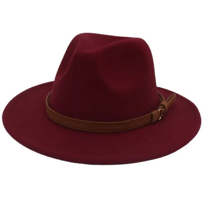 Classic Brown Belt Women Fedora Hats Autumn Winter Gentleman Jazz Felt Hat For Men Retro Church Lady Flat Wide Brim Dress Hat