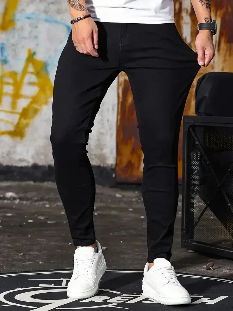 Calça Jeans Masculina Skinny Stretch Cores Sólidas Preto Azul Primavera Luxo Rua Harajuku Hip-Hop Calças Justas Marca