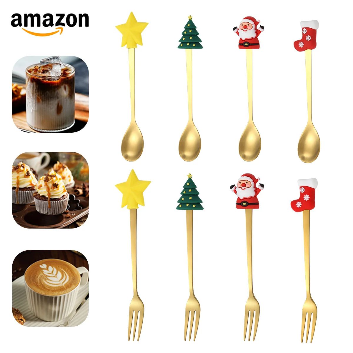 Christmas Cutlery Set Elk Dessert Scoop Fruit Fork Coffee Spoon Stainless Steel Dessert Fork 4/6PCS Christmas Spoons Fork Set