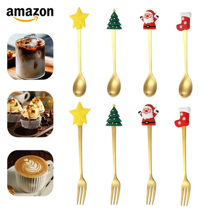 Christmas Cutlery Set Elk Dessert Scoop Fruit Fork Coffee Spoon Stainless Steel Dessert Fork 4/6PCS Christmas Spoons Fork Set