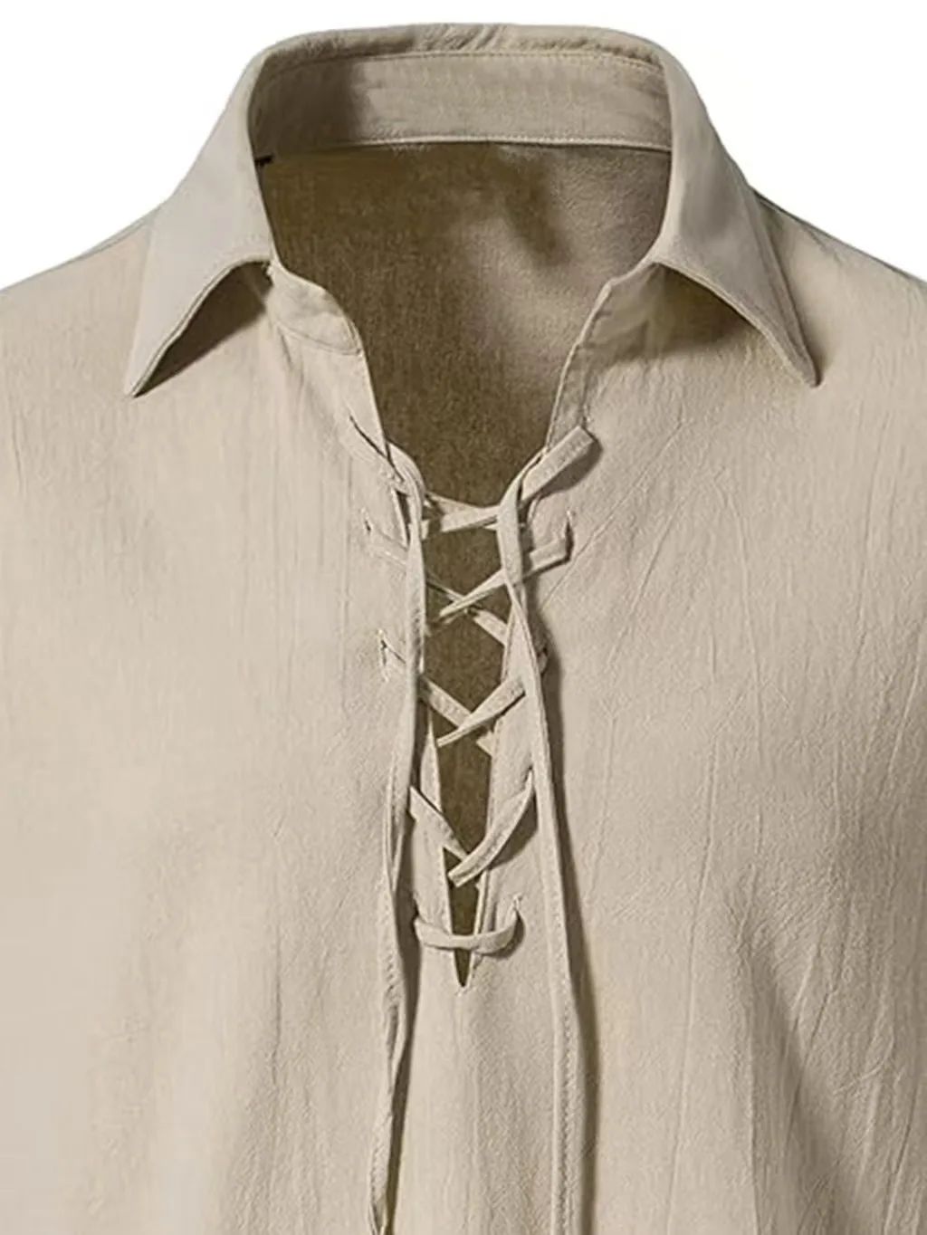 Men Medieval Pirate Shirt Lapel Lace Up Long Sleeve Blouse Renaissance Viking Halloween Cosplay Loose Puff Cuff Tops