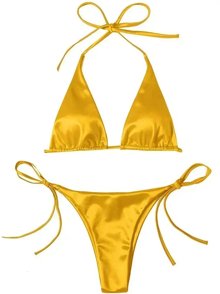 Wrap Around Halter Metallic Satin Bikini Women Swimwear Female Swimsuit Two-pieces Bikini Set Brazilian Bathing Suit Swim Lady