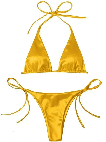 Wrap Around Halter Metallic Satin Bikini Women Swimwear Female Swimsuit Two-pieces Bikini Set Brazilian Bathing Suit Swim Lady