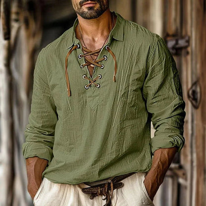 2025 Men's Renaissance Shirt Pirate Medieval Viking Top Cotton Linen Shirts Casual Fashion V-neck Tie Up Long-sleeved Shirt