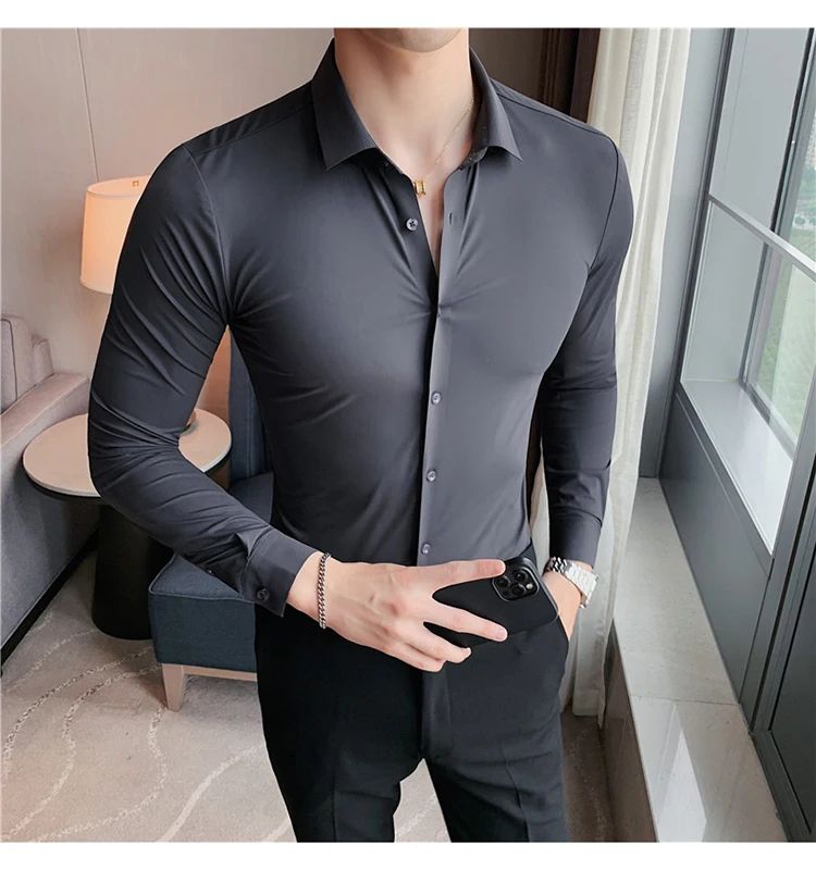 Men's Long Sleeved Elastic Shirt No Ironing Business Wear Professional Workwear Stand Up Collar Shirt Casual Solid Color Shirt