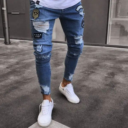 New Style Men's Hip Hop Slim Fit Jeans You And Smooths Your Silhouette Ripped Small Footwear Amazon WISH Badge Plus Size Jeans N