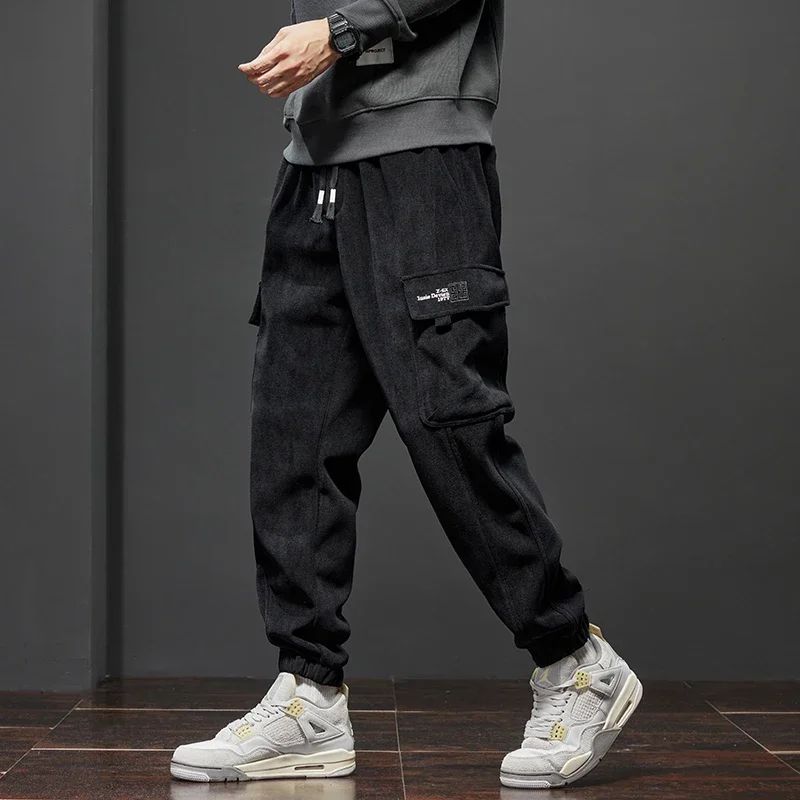 Men's Corduroy Harem Cargo Pants Elastic Waist Casual Joggers Sweatpants Spring Autumn Armygreen Gray Black Trousers Streetwear