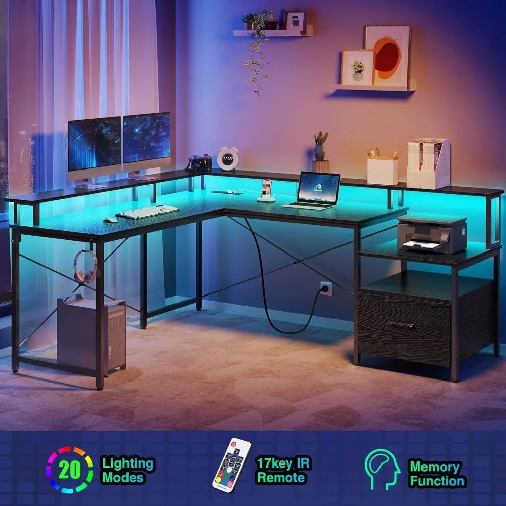 Computer Desk With File Drawer, 64" L Shaped Computer Corner Desk With Power Outlet & LED Strip, Home Office Desk With Monitor-H