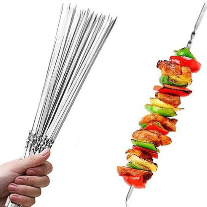 30PCS Flat metal barbecue skewers long hook stainless steel wide sharp reusable barbecue skewers set suitable for meat, shrimp