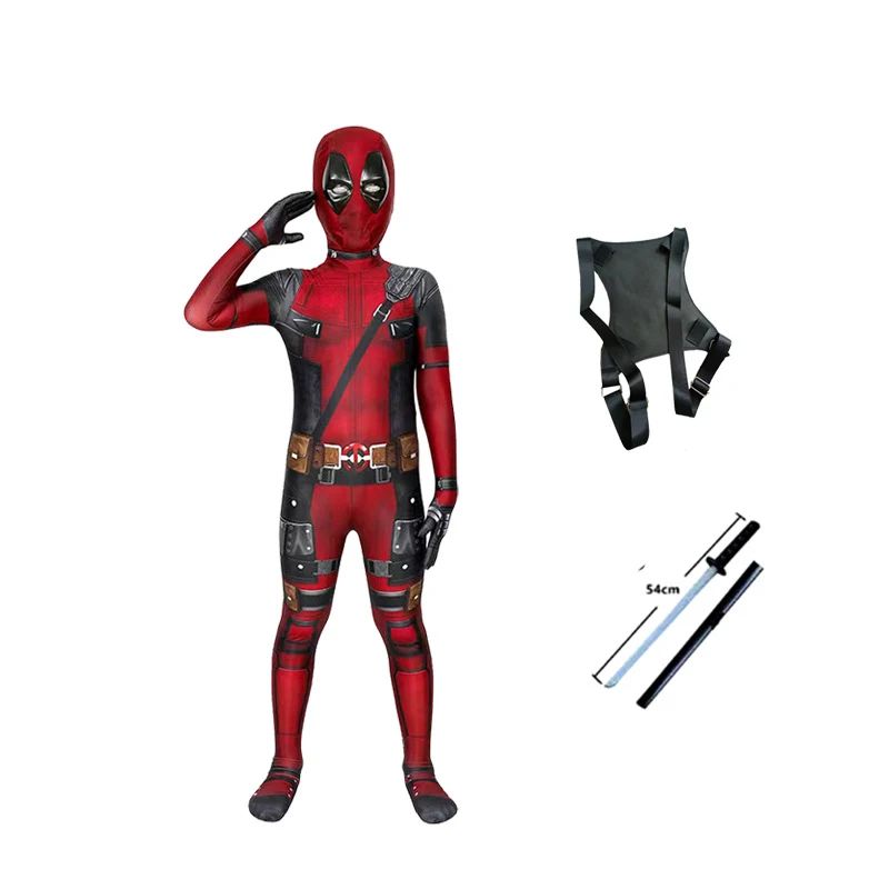 Adult Kids Deadpool Cosplay Costume Bodysuit Outfits Superhero Jumpsuit Boys Movie Character Dress Up Mask Costumes With Swords