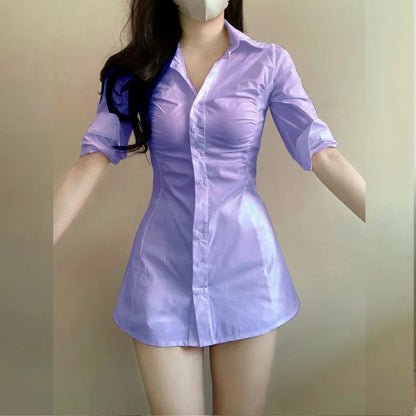 Pure Korean Style Slim Fit Shirt Dress Women's Waist Cinched Sexy Collar Design Mini Dress Fashionable Casual Workwear