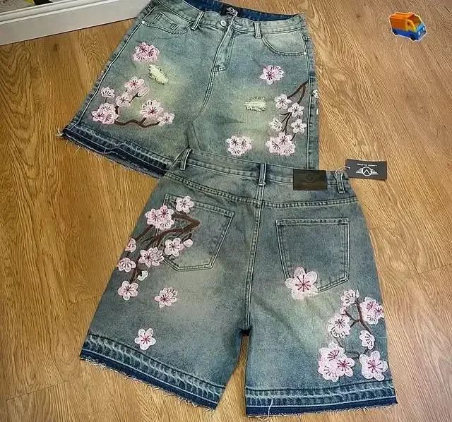 Y2K Willow Nail Denim Shorts Men Women Gothic Punk Style Embroidered Applique Design Loose Casual Jeans Fashion Retro Streetwear