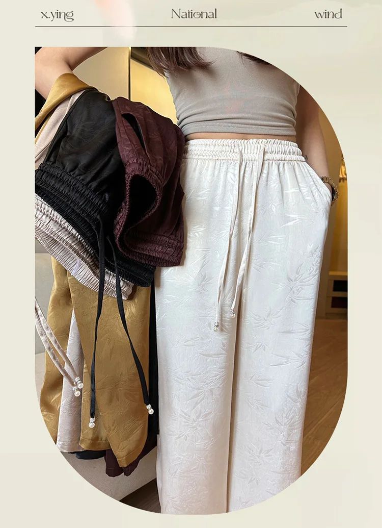 Plus Size Acetate Wide Leg Pants Women's Spring Autumn National Style Print High Waist Slimming Drapey Cool Large Size Women'...