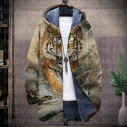 Men's Retro Print Plush Thick Long-Sleeved Coat Cardigan Tiger 3D Prined Fleece Hooded Overcoat Unisex Thick Warm Jacket