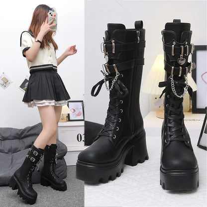 Autumn Women Punk Style Platform Mid-calf Boots Thick Sole Leather Motorcycle Boots 9CM Chunky Metal Buckle Short Boots Woman