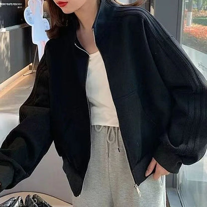 Short Sweatshirt Jacket Women's Autumn Winter Student Versatile Three Stripe Jacket Loose Fit Casual Style New Hot Sale Of The S